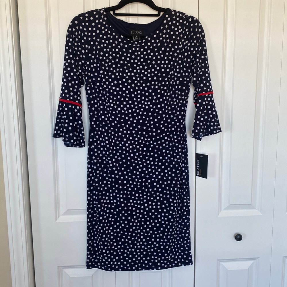 NWT Size 4 navy daisy polka a-line dress with bell sleeves by Enfocus Studio